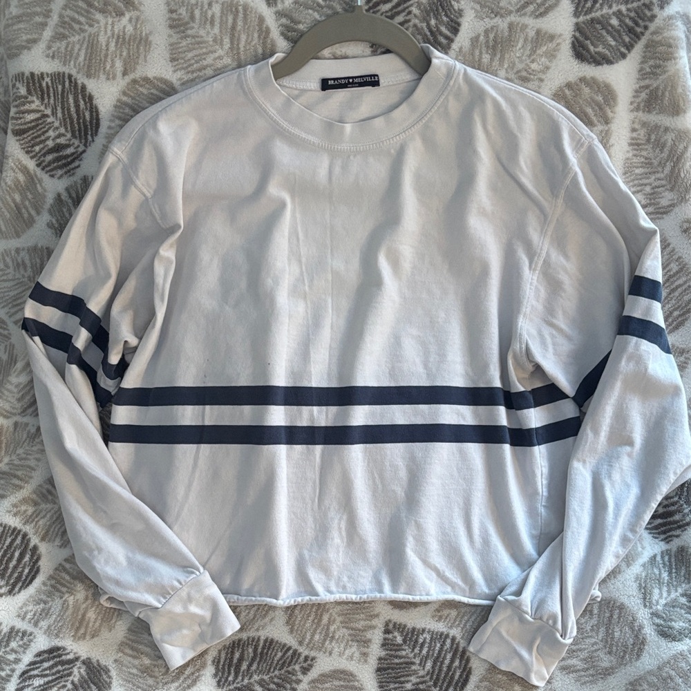 Brandy Melville Cropped White and Navy Striped Long Sleeve Tee